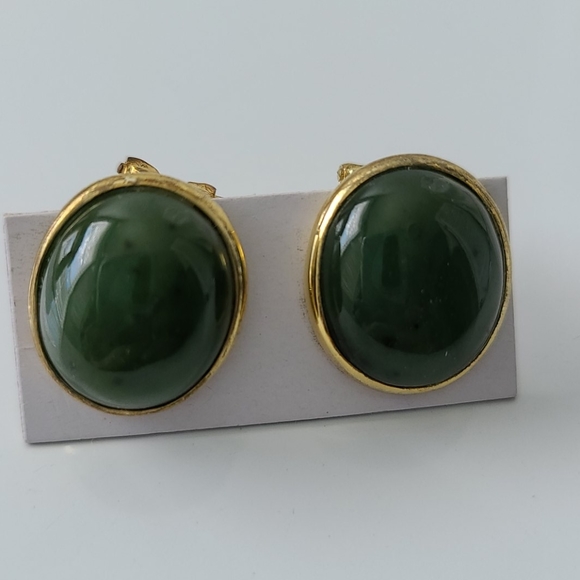 Oval Jade and Sterling Pierced Earrings - Picture 4 of 5
